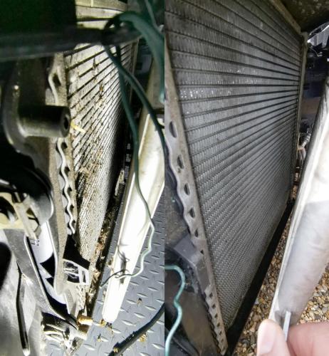 Right hand radiator before and after cleaning.